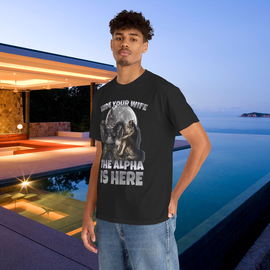 Hide your Wife The Alpha is Here - Cringe Inappropriate Graphic Tee, Alpha Wolf Meme T-Shirt, Funny Gift for Friends and Partners