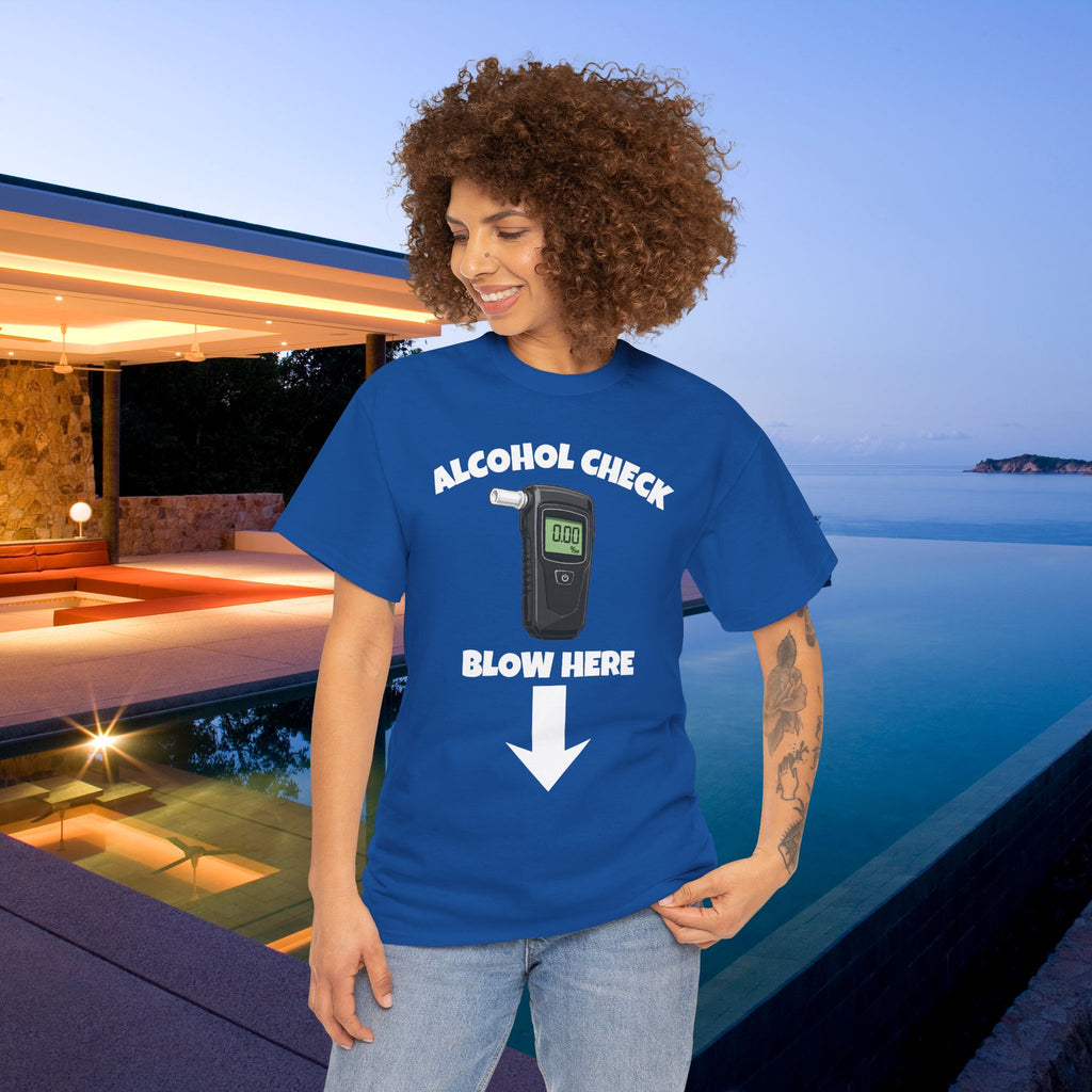 Alcohol Check, blow here - Funny Inappropriate Breathalyzer Graphic Tee, T-Shirt for Bachelor Party, Gift for Men