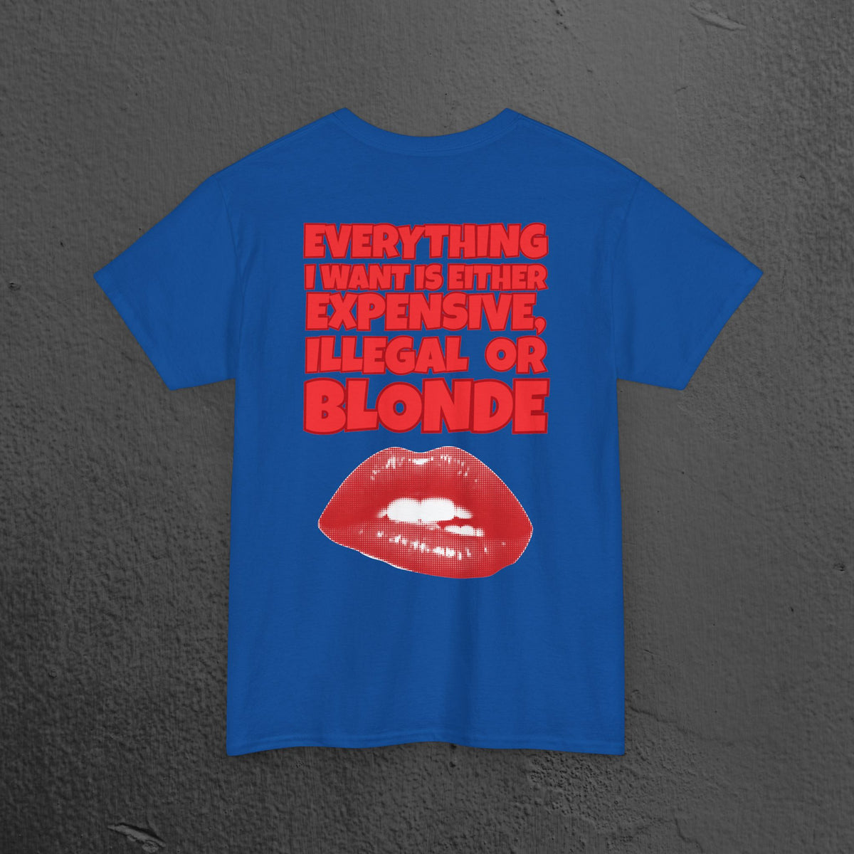 Everything I want is either expensive, illegal or blonde - Funny Romantic Graphic Tee Shirt, Cute Gift for Partner (Backprint Edition)