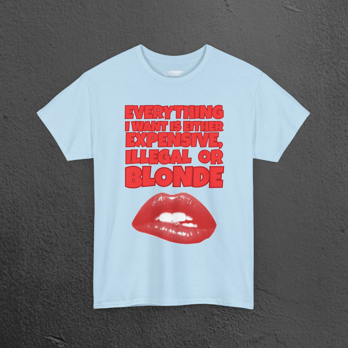 Everything I want is either expensive, illegal or blonde - Funny Romantic Graphic Tee Shirt, Cute Gift for Girlfriend/Boyfriend or Friends