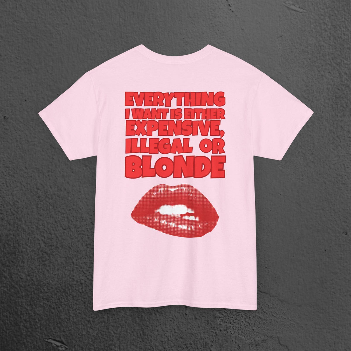 Everything I want is either expensive, illegal or blonde - Funny Romantic Graphic Tee Shirt, Cute Gift for Partner (Backprint Edition)