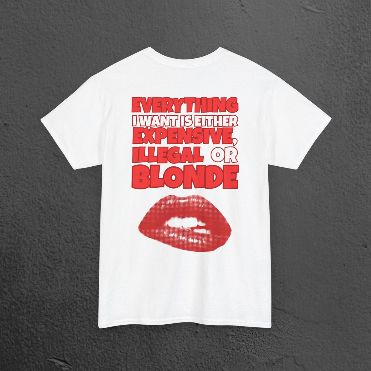 Everything I want is either expensive, illegal or blonde - Funny Romantic Graphic Tee Shirt, Cute Gift for Partner (Backprint Edition)