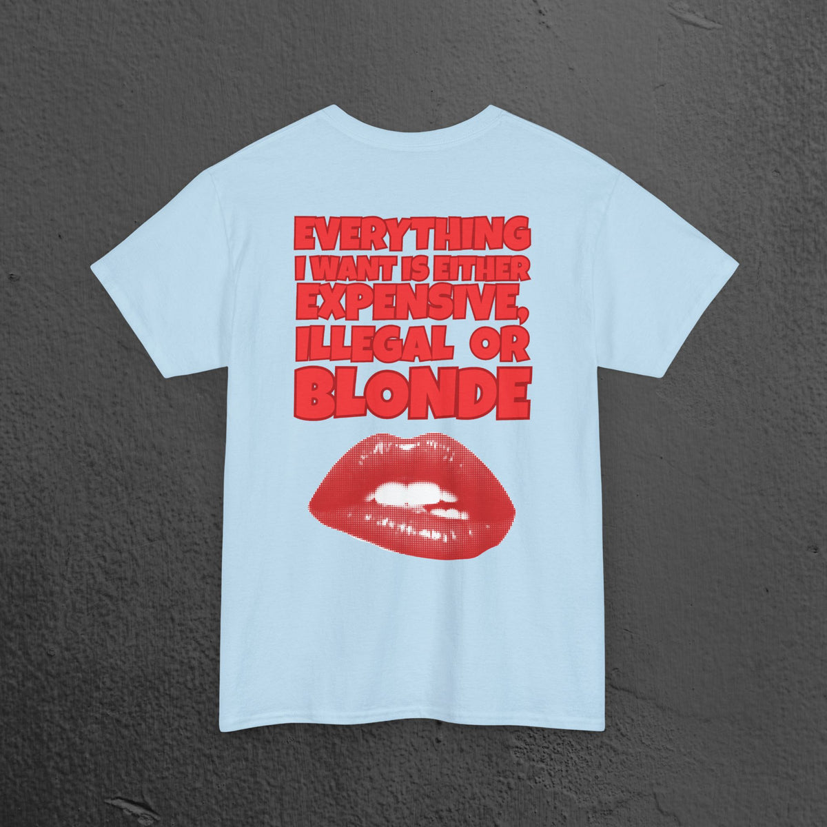 Everything I want is either expensive, illegal or blonde - Funny Romantic Graphic Tee Shirt, Cute Gift for Partner (Backprint Edition)