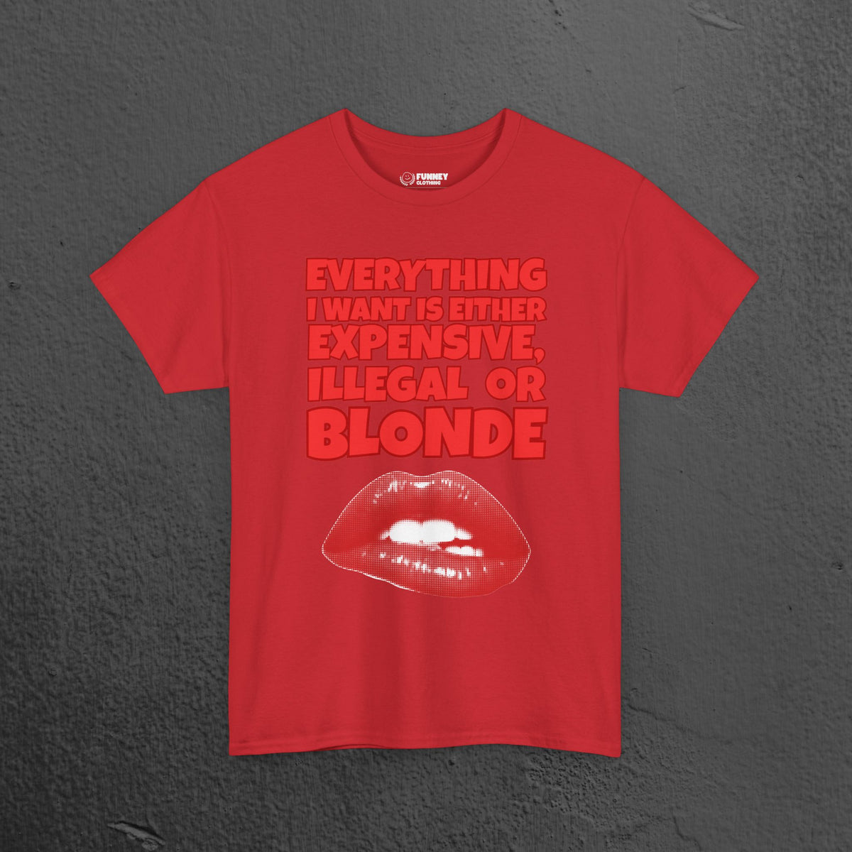 Everything I want is either expensive, illegal or blonde - Funny Romantic Graphic Tee Shirt, Cute Gift for Girlfriend/Boyfriend or Friends