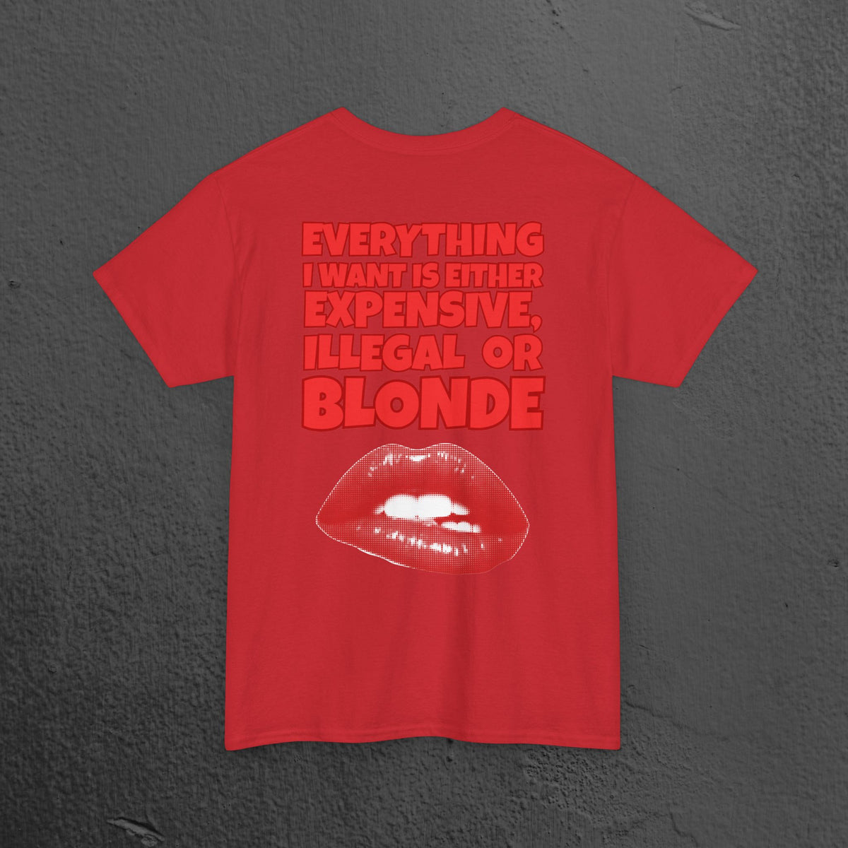 Everything I want is either expensive, illegal or blonde - Funny Romantic Graphic Tee Shirt, Cute Gift for Partner (Backprint Edition)