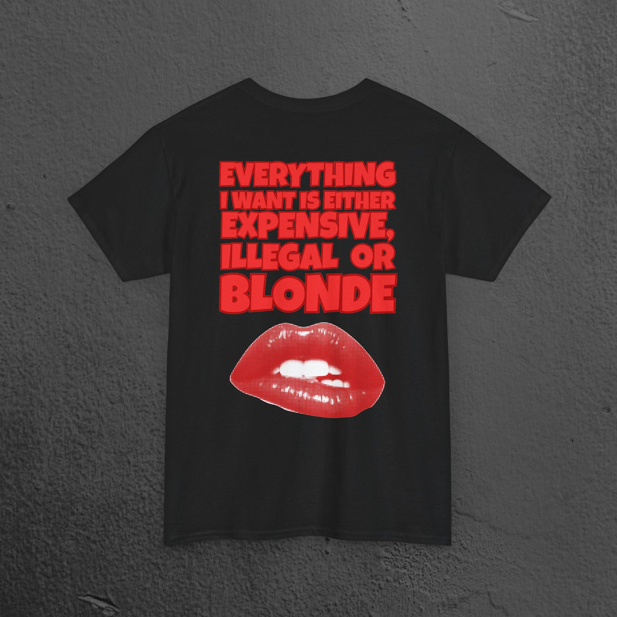 Everything I want is either expensive, illegal or blonde - Funny Romantic Graphic Tee Shirt, Cute Gift for Partner (Backprint Edition)