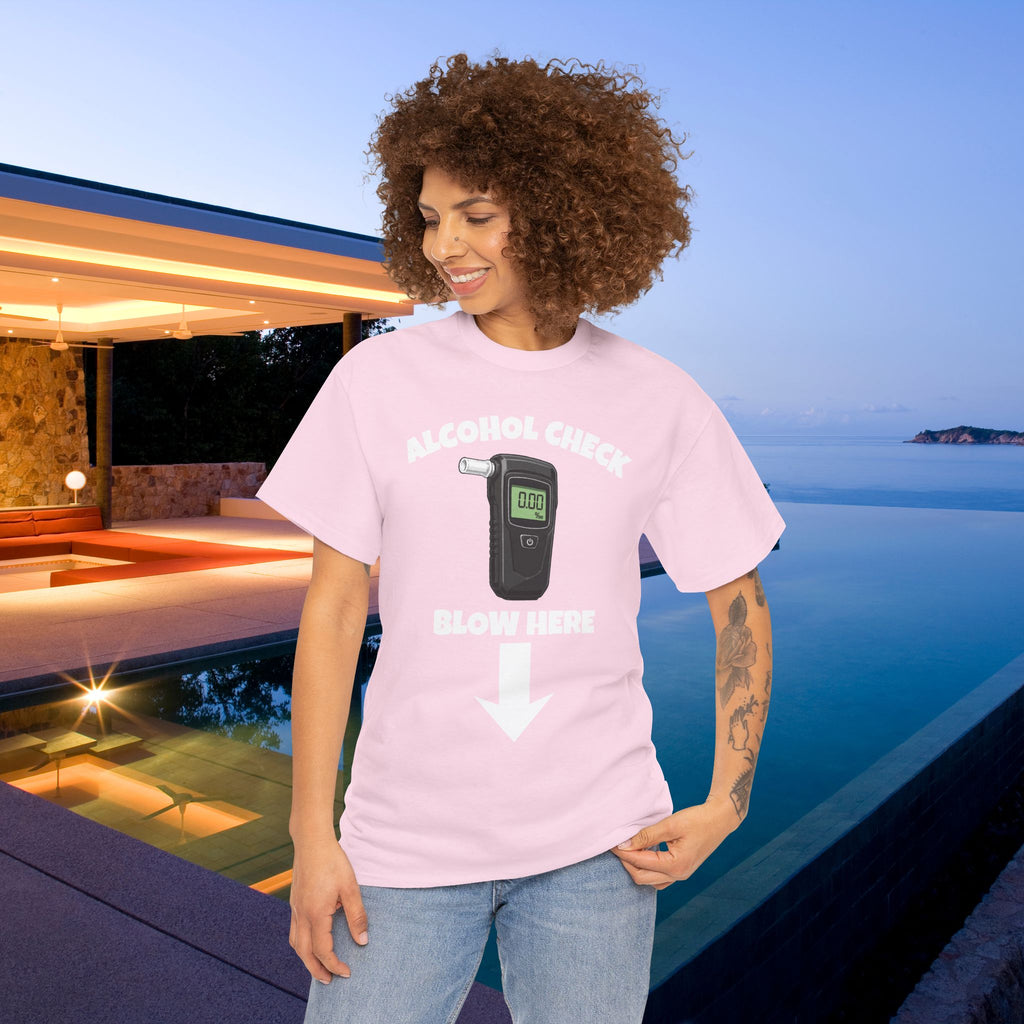Alcohol Check, blow here - Funny Inappropriate Breathalyzer Graphic Tee, T-Shirt for Bachelor Party, Gift for Men