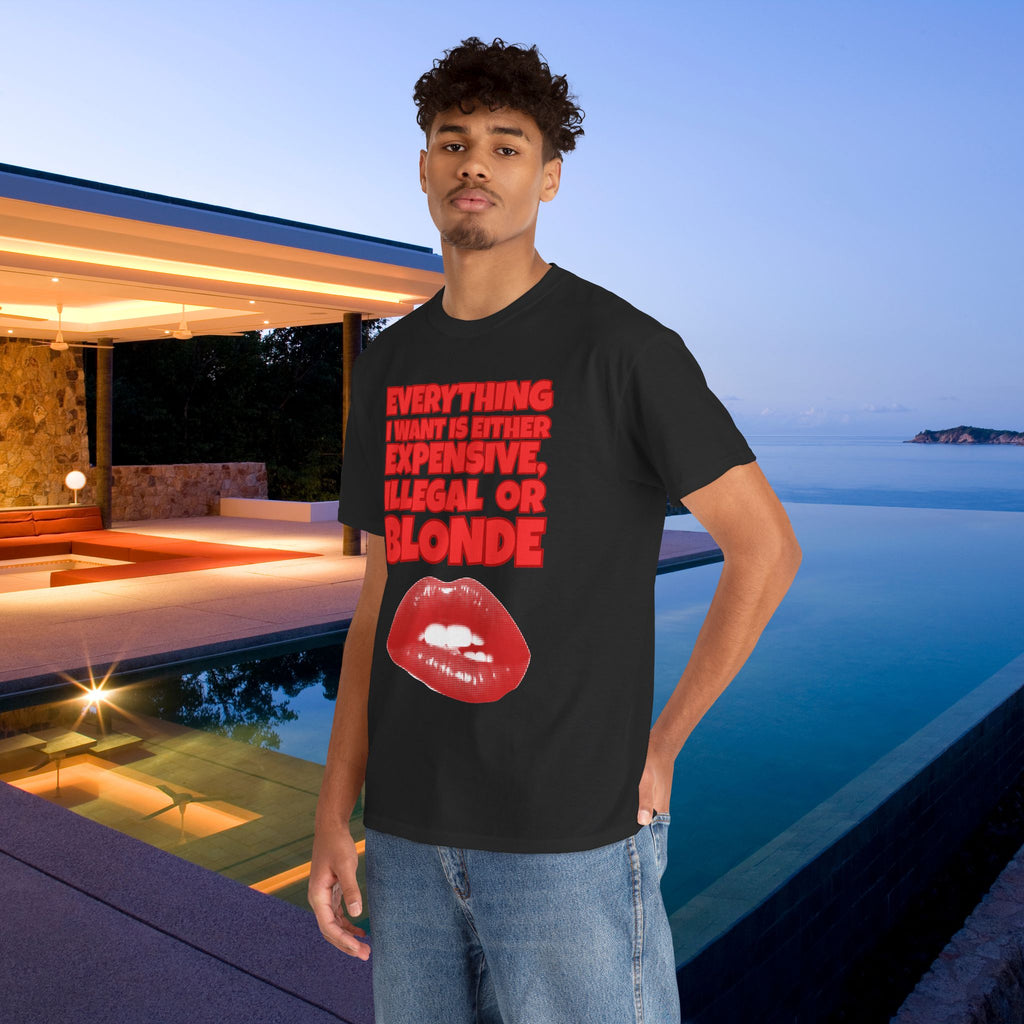Everything I want is either expensive, illegal or blonde - Funny Romantic Graphic Tee Shirt, Cute Gift for Girlfriend/Boyfriend or Friends