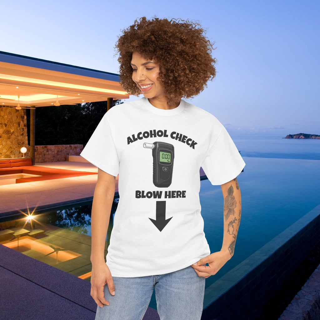 Alcohol Check, blow here - Funny Inappropriate Breathalyzer Graphic Tee, T-Shirt for Bachelor Party, Gift for Men